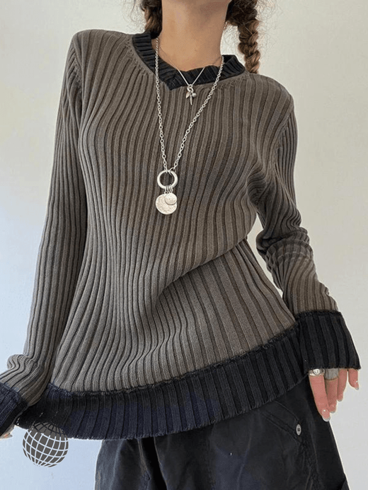 Harajuku Rib Sweater Women’s Vintage Y2k Loose Full Sleeve Patchwork Womens Ribbed V-Neck Y2k Grunge Autumn Winter Pullovers Knitwear Clothing Sweaters for trending Woman in Dark Gray grey Harajuku Rib Sweater Women’s Vintage Y2k Loose Full Sleeve Patchwork Womens Ribbed V-Neck Y2k Grunge Autumn Winter Pullovers Knitwear Clothing Sweaters for trending Woman in Dark Gray grey