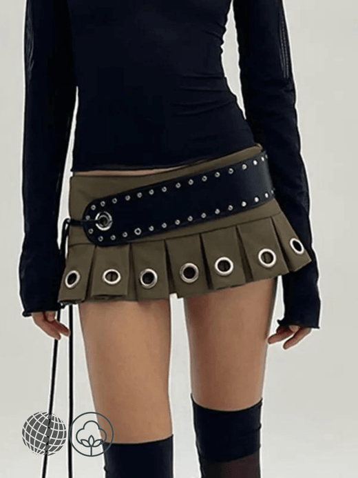 Low Rise Skirt with Vegan Belt   Women’s Indie Punk Y2k Mini Pleated Faux PU Autumn Spring Sexy Super Short Mini Skirts Vintage Grunge 2000s womens Punkrock Outfits for trending Woman in auburn brown with black-belt