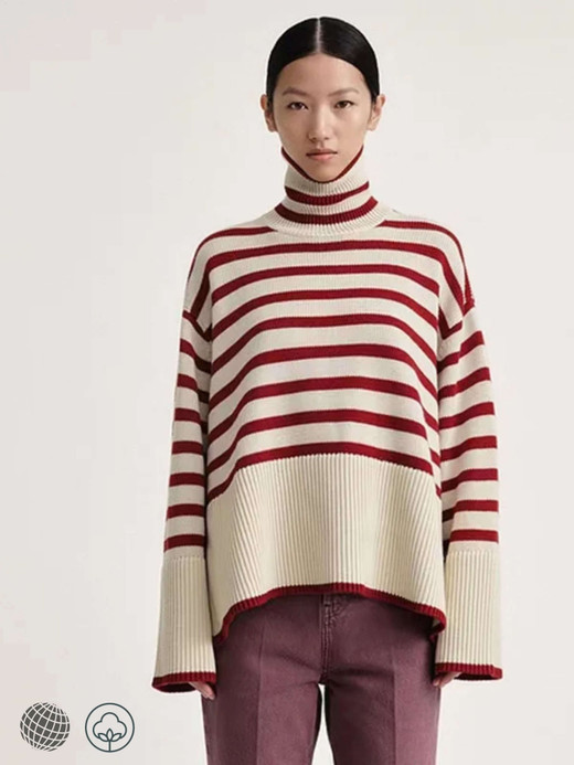 Stripe Splice Turtleneck Sweater Women's High Neck Wool knitted Classic Striped Spliced woolen Knitwear womens rib pullovers Slouchy Top Autumn Fall Winter Spring commuter workwear Ribbed Sweaters for petite size trending woman in white with red stripes Stripe Splice Turtleneck Sweater Women's High Neck Wool knitted Classic Striped Spliced woolen Knitwear womens rib pullovers Slouchy Top Autumn Fall Winter Spring commuter workwear Ribbed Sweaters for petite size trending woman in white with red stripes
