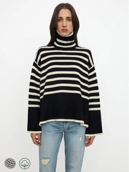 Stripe Splice Turtleneck Sweater black  Women's High Neck Wool knitted Classic Striped Spliced woolen Knitwear womens rib pullovers Slouchy Top Autumn Fall Winter Spring commuter workwear Ribbed Sweaters for petite size trending woman with white stripes Stripe Splice Turtleneck Sweater black  Women's High Neck Wool knitted Classic Striped Spliced woolen Knitwear womens rib pullovers Slouchy Top Autumn Fall Winter Spring commuter workwear Ribbed Sweaters for petite size trending woman with white stripes