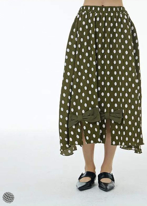 Polka Dot Skirt green   Women’s Spring summer loose slimming  dots print bow womens Midi skirts for trending woman with white dots Polka Dot Skirt green   Women’s Spring summer loose slimming  dots print bow womens Midi skirts for trending woman with white dots