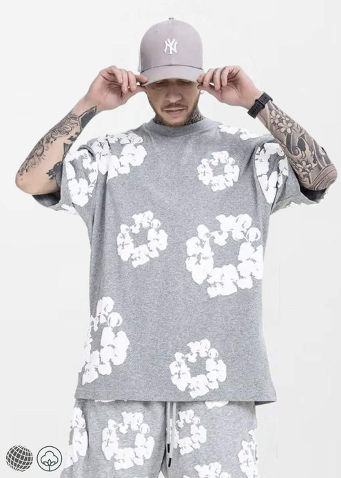 Floral Foam T Shirt gray  miteigi Men’s Crewneck round o-neck short sleeves Kapok flower Printed Harajuku Oversized Top Vintage Hip Hop Tops T-Shirts for man in light grey Kanye 3D three-dimensional crew neck Streetwear mens trending Tall plus size Clothes