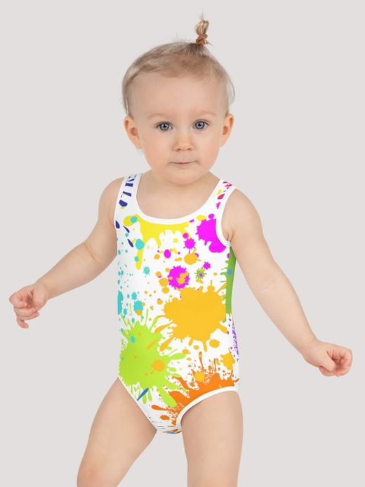 Toddler Splat Swimsuit Girls paint splatter tank straps scoopneck swimsuits for girl in white with multicolor rainbow design multicoloured toddlers swimwear