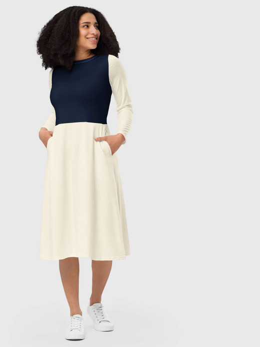 Cosmic Latte Midi Dress     Women’s color solid niche crewneck loose thin A-line round o-neck long sleeves dropped shoulders banded hem womens Dresses in dark blue and cosmic latte with punk side pockets and flared bottom and crew neck for woman fall autumn winter spring fashion season Cosmic Latte Midi Dress     Women’s color solid niche crewneck loose thin A-line round o-neck long sleeves dropped shoulders banded hem womens Dresses in dark blue and cosmic latte with punk side pockets and flared bottom and crew neck for woman fall autumn winter spring fashion season