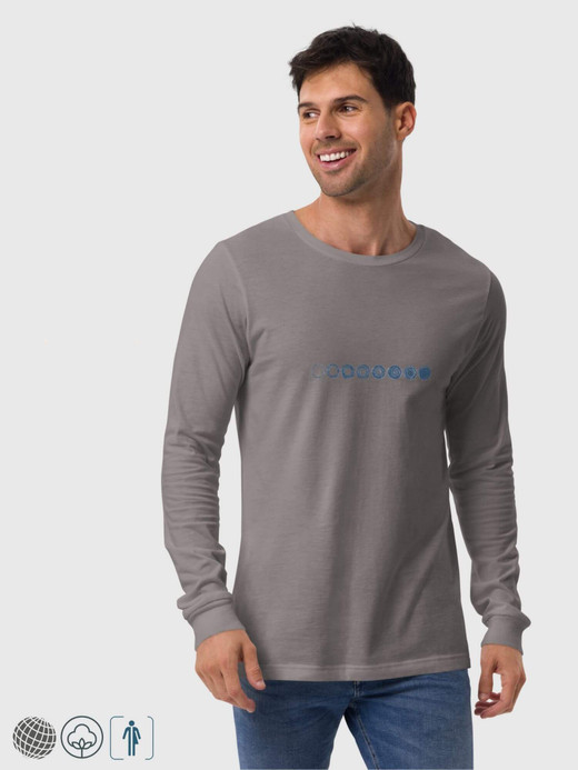 Combed Cotton Circles T-Shirt     Genderful Unisex Anywear Mens Women’s Summer Tees illustrated circles in dusk dark blue, round crewneck O-neck U.K. United Kingdom punkrock gothic streetwear tops  long sleeves petite-, tall-, plus-, size crew neck fashion T-shirts for Man Woman in white with red sleeve Men’s Womens Great Britain punk goth grunge y2k styles