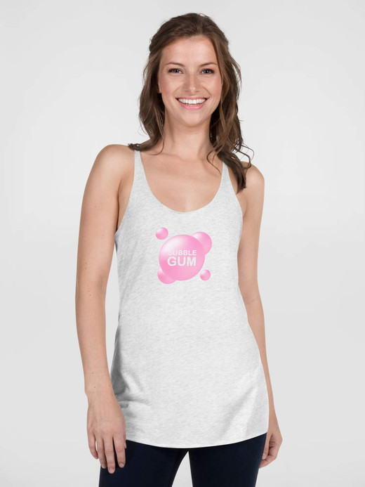 Scoopneck Racerback Tank Top     Genderful Unisex Anywear Bubble Gum letter in pink bubbles low v-neck Men’s Women’s sleeveless tops T-shirts for petite-, tall-, plus-, size man woman in white with pink pattern MiteigiYūki fitness gym running sports mens womens low neck tees tops sportswear