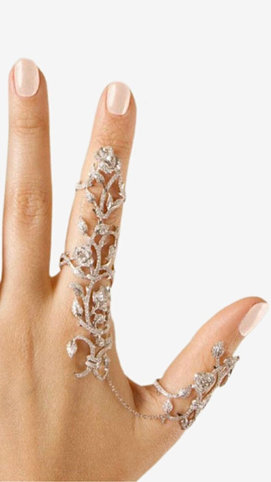 Chain Link Ring Full Rhinestone Vintage Flower Double Finger Rings For Women Girl Trending Chain Link Ring Full Rhinestone Vintage Flower Double Finger Rings For Women Girl Trending