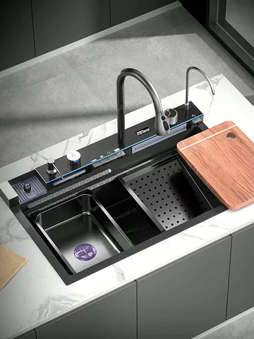 Waterfall Kitchen Sink 304 stainless steel large single slot integrated digital display faucet set soap dispenser cup washer sinks Waterfall Kitchen Sink 304 stainless steel large single slot integrated digital display faucet set soap dispenser cup washer sinks