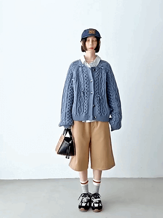 Classic Cable-Knit Cardigan    Women’s Fall Autumn cotton wool bowknot heavyweight design fried dough twists cable knit cardigans for woman in light blue Womens vintage sweaters #244758 Classic Cable-Knit Cardigan    Women’s Fall Autumn cotton wool bowknot heavyweight design fried dough twists cable knit cardigans for woman in light blue Womens vintage sweaters #244758