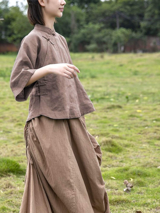 Hanfu Top Cotton-Linen Women’s Chinese style solid color cotton linen tops and skirt Mandarin stand collar diagonal buckle tops Blouses shirts for woman and womens irregular design versatile skirts in coffee brown Hanfu Top Cotton-Linen Women’s Chinese style solid color cotton linen tops and skirt Mandarin stand collar diagonal buckle tops Blouses shirts for woman and womens irregular design versatile skirts in coffee brown