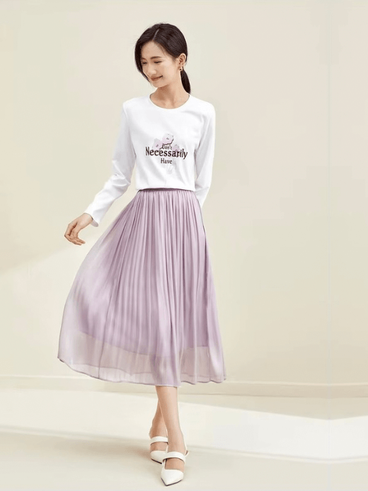 Midi Skirt + Top 2-Piece Set      Women's Print Knit Cotton long sleeves Don’t Necessarily Have Letter Floral flowers graphic Boatneck T-shirt in white and Elegant A-line Pleated Folds Mid-calf polyester high rise elastic waist  Midi-Skirts in light lilac purple Matching T-Shirts Tee Woman plus size Sets #133Z51646
