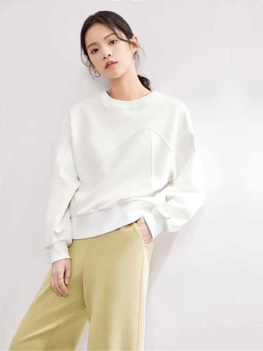 Patchwork Crewneck Sweatshirt     Women’s cotton loose simple round O-neck drop shoulder full sleeves and band cuffs crop sweatshirts for woman in white Spring cropped banded hem crew neck tops outerwear #141A53570 Patchwork Crewneck Sweatshirt     Women’s cotton loose simple round O-neck drop shoulder full sleeves and band cuffs crop sweatshirts for woman in white Spring cropped banded hem crew neck tops outerwear #141A53570
