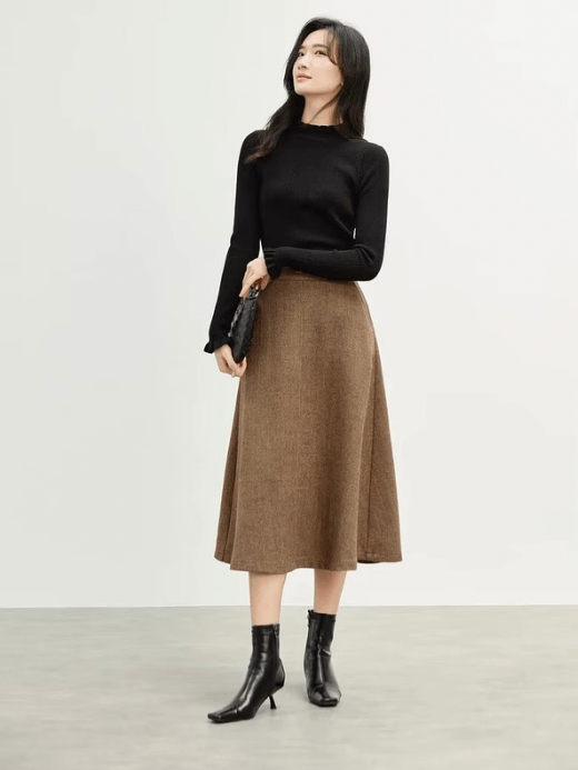 Wool Blend Skirt    Women’s warm elegant classic high rise elastic back band waist basic woolen blend plus size mid-calf midi skirts for woman in brown Vintage Fall Autumn Winter office lady wfh workwear Fashion  #144Q57245