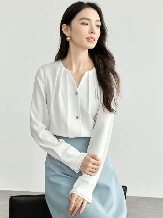 Boatneck V-Neck Shirt Women’s loose fit folds boat neck single breasted button-up long sleeve with slight dropped shoulders and band patchwork cuffs Shirts for woman in white Spring womens Office Lady wfh workwear petite-, plus-, size Blouses #151C57356 Boatneck V-Neck Shirt Women’s loose fit folds boat neck single breasted button-up long sleeve with slight dropped shoulders and band patchwork cuffs Shirts for woman in white Spring womens Office Lady wfh workwear petite-, plus-, size Blouses #151C57356