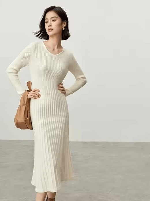 V-Neck Rib Knit Dress    Women’s solid knitted natural retract waist long sleeves comfort mid-calf ribbed pleated midi dresses for woman in apricot white Winter womans petite-, plus-, size pleats office wfh workwear vacation getaway holiday party clothing #W44L57207 V-Neck Rib Knit Dress    Women’s solid knitted natural retract waist long sleeves comfort mid-calf ribbed pleated midi dresses for woman in apricot white Winter womans petite-, plus-, size pleats office wfh workwear vacation getaway holiday party clothing #W44L57207