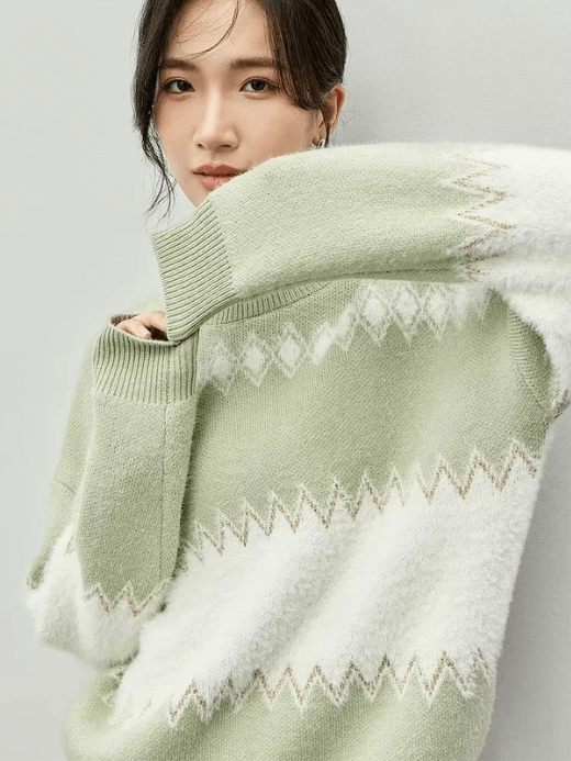 Crewneck Splice Sweater green    Women's loose Argyle knit crew neck long sleeves sweater for woman in light pastel green and white Warm Christmas Winter womens spliced knitwear round O-neck petite-, tall-, plus-, size striped Pullovers #W44E57266