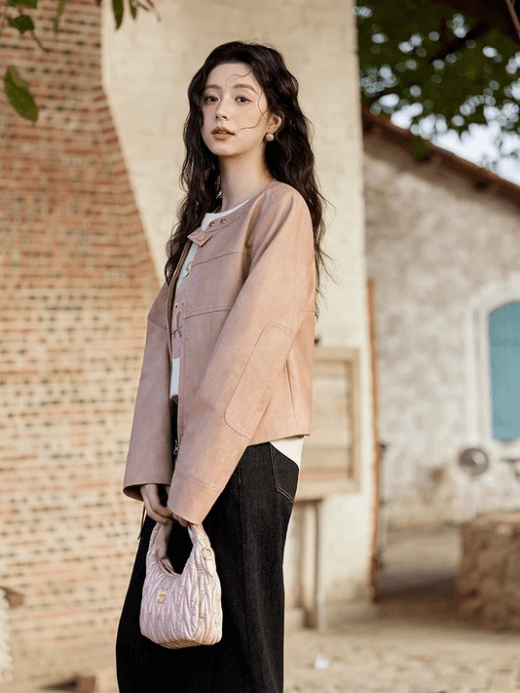 PU Leather Jacket pink Women's round collarless with double snap button band neckline shoulder long sleeves with reinforced patchwork elbows slant side pockets zipper closure with buckle hem slim fit leisure outerwear Jackets for woman Female Spring womens Fashion outwear coats #MXE11W0714 PU Leather Jacket pink Women's round collarless with double snap button band neckline shoulder long sleeves with reinforced patchwork elbows slant side pockets zipper closure with buckle hem slim fit leisure outerwear Jackets for woman Female Spring womens Fashion outwear coats #MXE11W0714