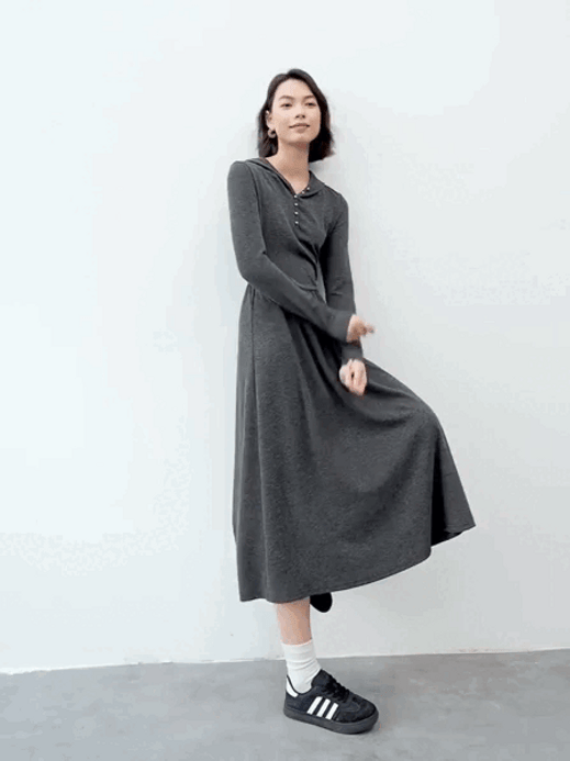 Comfort Hooded Dress    Women’s regular fit and flare button-up front casual knit long sleeves long natural waistline folds pleats mid-calf dresses for woman in Gray  Female Fall Autumn Spring womens fashion viscose-blend grey pleated knitwear #143L56787 Comfort Hooded Dress    Women’s regular fit and flare button-up front casual knit long sleeves long natural waistline folds pleats mid-calf dresses for woman in Gray  Female Fall Autumn Spring womens fashion viscose-blend grey pleated knitwear #143L56787