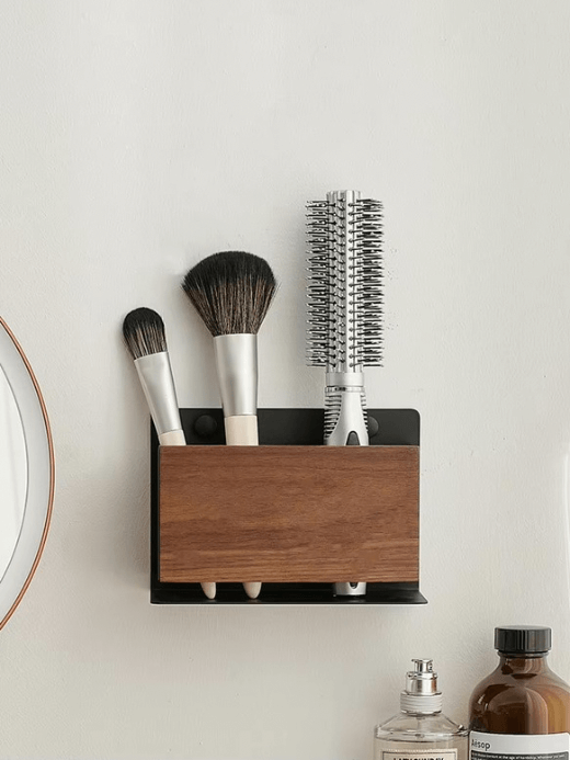 Walnut Bathroom Storage Rack Wall-mounted or free-standing floor type wooden makeup brush boxes Toilet wash gargle comb sundries shelfs razor racks shelves waterproof organizers in brown with black metal drain base Walnut Bathroom Storage Rack Wall-mounted or free-standing floor type wooden makeup brush boxes Toilet wash gargle comb sundries shelfs razor racks shelves waterproof organizers in brown with black metal drain base