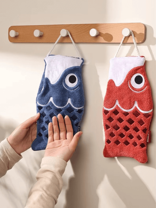 Koi Hand Towel Cute Japanese cartoon animal form hanging Household bathroom children's super absorbent fish shape Kitchen hand towels in blue, red Koi Hand Towel Cute Japanese cartoon animal form hanging Household bathroom children's super absorbent fish shape Kitchen hand towels in blue, red