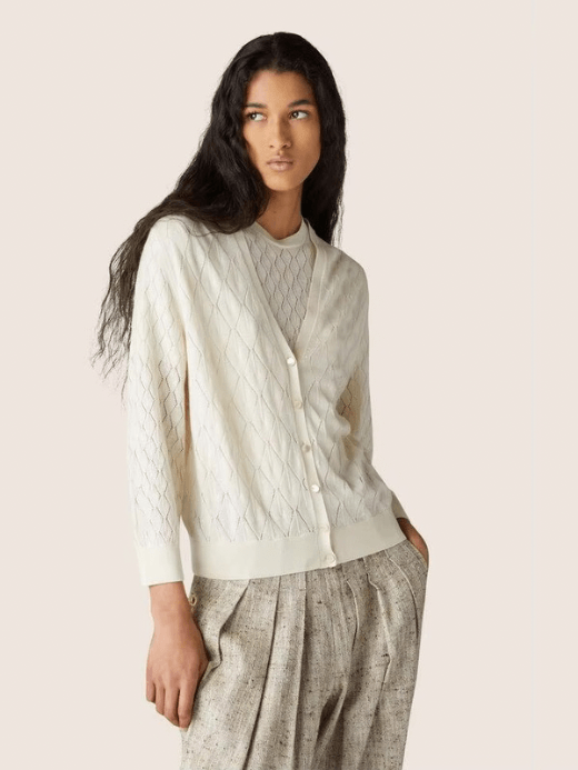 Angelique V-Neck Hollow Cardigan   Women’s LP Luxurious solid color checkered plaid cashmere knit long-sleeves button-up band accents cardigans for woman in white outwear sweaters coats Womens Fall Autumn Winter Spring petite-, tall-, size outerwear fashion the Ultra LUX collection #nigo61157