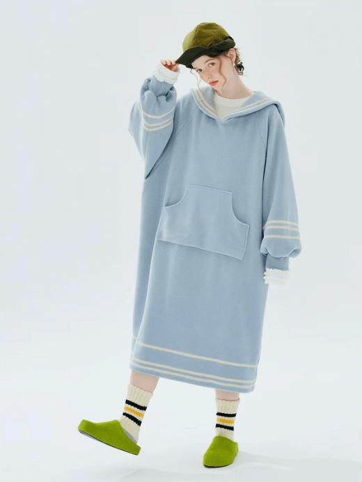 Antartica Sailor Sweater Dress  Women’s Japanese luxurious fleece v-neck square cream striped navy collar fleece long sleeves kanga pouch mid-length dresses for woman in light sky blue the miteigi Ultra LUX collection womens Fall Autumn Winter Spring sailors stripes sweaters fashion #234317