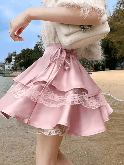 Lace Splicing Ballet Cake Fluffy Ruffled Skirt Sense Of Design Versatile High Waisted A Line Short ruffles mini Skirts for Woman in pink  Womens Spring Summer getaway holiday vacation fashion Lace Splicing Ballet Cake Fluffy Ruffled Skirt Sense Of Design Versatile High Waisted A Line Short ruffles mini Skirts for Woman in pink  Womens Spring Summer getaway holiday vacation fashion