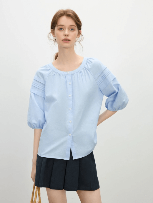 Women's Crewneck linen-blend short sleeve with drop shoulders pleats button-up Blouse - French-Inspired look round O-neck & ¾ Half long lantern dropped sleeves Design Top in light sky blue Womens summer pleated blouses Crew neck petite size office wfh workwear Tops #25FS12298 Women's Crewneck linen-blend short sleeve with drop shoulders pleats button-up Blouse - French-Inspired look round O-neck & ¾ Half long lantern dropped sleeves Design Top in light sky blue Womens summer pleated blouses Crew neck petite size office wfh workwear Tops #25FS12298