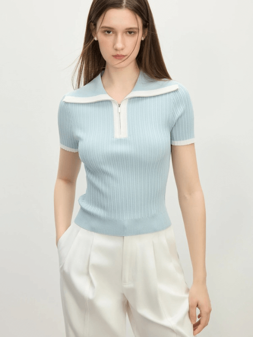 Women’s Athflow style contrast color turn-down zipper collar V-neck Viscose short-sleeves ribbed knitted T-Shirt for woman in light sky blue Women Summer cool slim knit sweater Top Womens T-shirts tees office wfh workwear tops #25FS12280 Women’s Athflow style contrast color turn-down zipper collar V-neck Viscose short-sleeves ribbed knitted T-Shirt for woman in light sky blue Women Summer cool slim knit sweater Top Womens T-shirts tees office wfh workwear tops #25FS12280