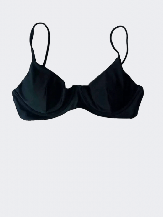 Women’s V-neck triangle cup adjustable spaghetti straps Brazil style Bikini Top for woman In Licorice Black Womens Brazilian tall-, plus-, size holiday getaway vacation beachwear swimwear bikini cupped bra tops