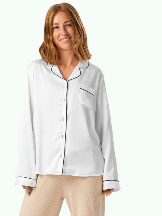Women’s PJ Top Long sleeves patch pocket at chest relaxed fit bedroom intimates pajama tops for woman in white with black accent trim Womens pajamas shirt Women’s PJ Top Long sleeves patch pocket at chest relaxed fit bedroom intimates pajama tops for woman in white with black accent trim Womens pajamas shirt