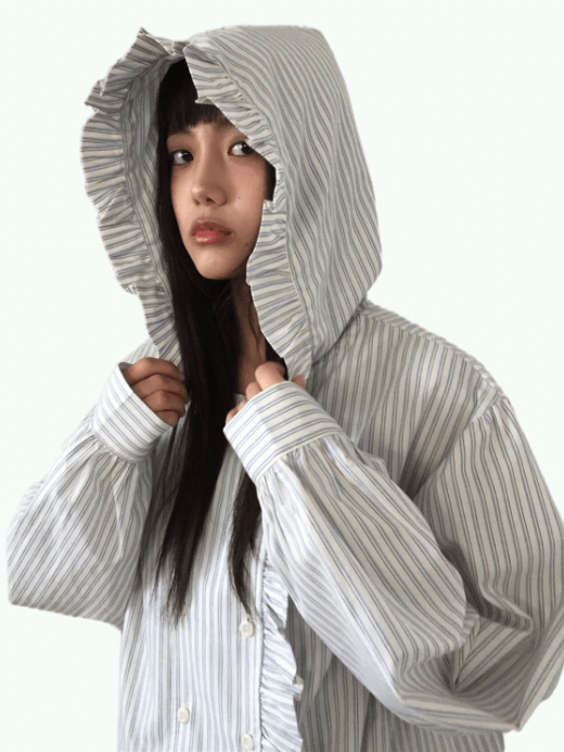 Women's Retro Ear Mushroom Korean flounce Ruffles Collar button-up hooded Stripe Shirt for woman in white with gray grey Womens striped ruffled Spring Loose fit long sleeves Coat Versatile Casual Sle hood Hat Included Shirts Women's Retro Ear Mushroom Korean flounce Ruffles Collar button-up hooded Stripe Shirt for woman in white with gray grey Womens striped ruffled Spring Loose fit long sleeves Coat Versatile Casual Sle hood Hat Included Shirts