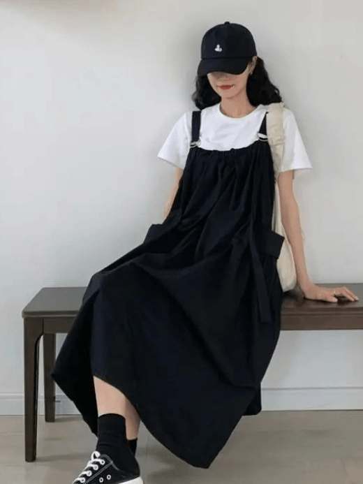 Women’s woman womens Japanese Style Women Pockets Spaghetti straps square neck empire waistline Mid-Calf slight stretch A-line Chic Trendy Popular Leisure Preppy Simple All-match Harajuku Loose Summer holiday vacation getaway petite-, tall-, plus-, size Solid Dress Female Cozy dresses in  black