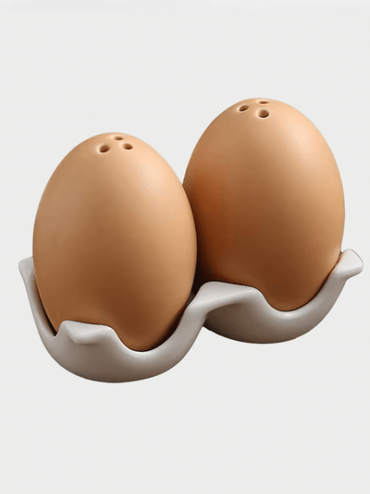 Ceramic Salt and Pepper Shaker Set, Mini Brown Egg Shaped Cellar Shakers with Carton Design Holding Stand Dining kitchen serverware condiments Cellars sets