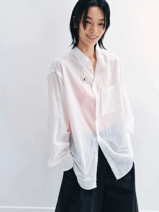Women’s woman womens office wfh workwear Textured Thin Cotton Tassel V8968 Loose Fit Long sleeves Turn-down point Collar chest pocket tailored sheer see through Mid-length shirts in white Women’s woman womens office wfh workwear Textured Thin Cotton Tassel V8968 Loose Fit Long sleeves Turn-down point Collar chest pocket tailored sheer see through Mid-length shirts in white