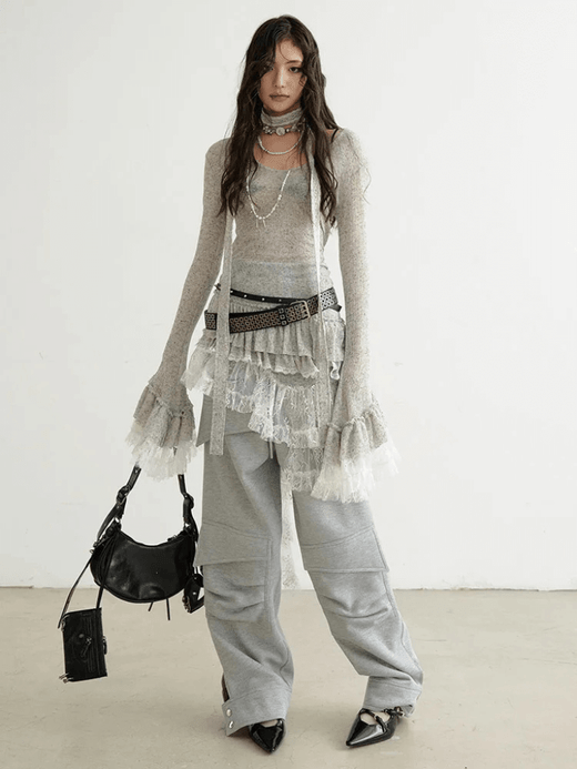 Women’s woman womens Punkrock Gothic Harajuku scoopneck sheer semi-transparent perspective irregular ruffles hem lace hollow-out round scoop neck long flared sleeves Fashion Tide Spring Autumn Fall ruffled mini sweater dresses in Gray grey Women’s woman womens Punkrock Gothic Harajuku scoopneck sheer semi-transparent perspective irregular ruffles hem lace hollow-out round scoop neck long flared sleeves Fashion Tide Spring Autumn Fall ruffled mini sweater dresses in Gray grey