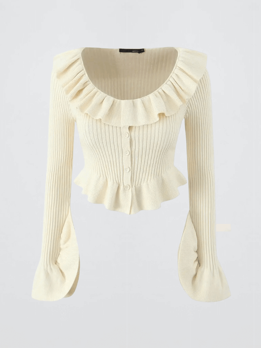 Women’s woman womens petite- size Autumn ribbed French look sweet girl Ruched style lotus leaf Scoopneck collar slim fit ruffled long lantern sleeves with flared cuffs button-up decoration appliqué Knitted ruffles scoop neck Sweaters in cream beige Women’s woman womens petite- size Autumn ribbed French look sweet girl Ruched style lotus leaf Scoopneck collar slim fit ruffled long lantern sleeves with flared cuffs button-up decoration appliqué Knitted ruffles scoop neck Sweaters in cream beige