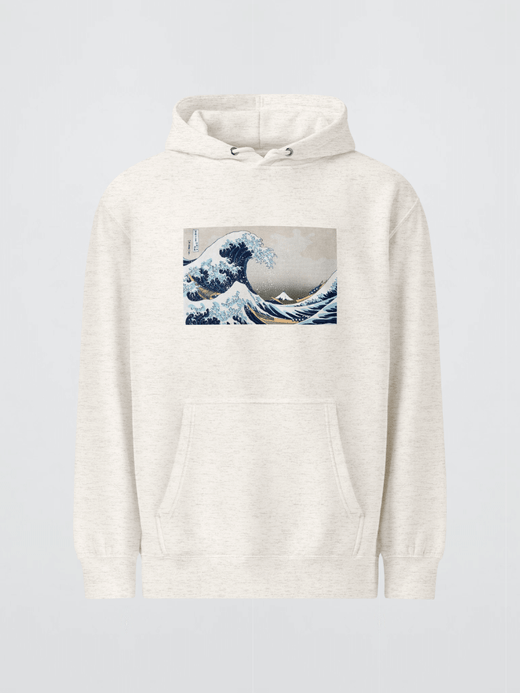 Genflex gender neutral unisex Women’s woman womens Men’s man mens small-, tall-, plus-, size Japanese The Great Wave off Kanagawa print by Katsushika Hokusai Premium Mid-Weight long sleeves kanga pouch hooded drawcord close Hoodie sweatshirts in Oatmeal Heather Souvenirs gifts