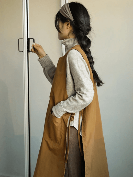 Anti-dirty Waterproof Long Vest Kitchen Apron with Pockets Women's Painting Cooking Working Pinafore Nail Salon Beauty Aprons in brown