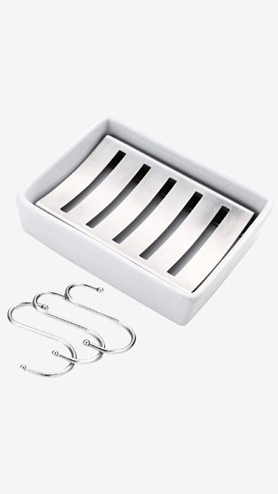 White Ceramic Dish Stainless Steel Shower Soap Holder Double Layer Tray with Drain + 3PCS Towel Hooks Trending White Ceramic Dish Stainless Steel Shower Soap Holder Double Layer Tray with Drain + 3PCS Towel Hooks Trending