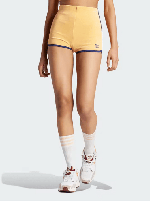 Adidas Originals Women's woman womens petite-, tall-, plus-, size Casual 70’s style Cropped Sports activewear fitness jogging Shorts in yellow with dark blue trim Adidas Originals Women's woman womens petite-, tall-, plus-, size Casual 70’s style Cropped Sports activewear fitness jogging Shorts in yellow with dark blue trim