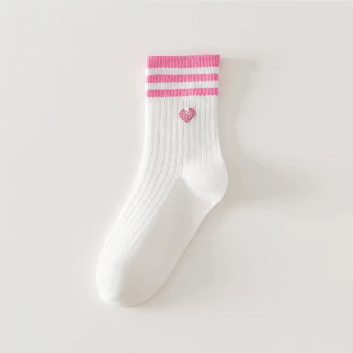 Women's woman womens Versatile Kawaii Style Autumn and Winter Medium Fashion Love Embroidery Pattern Stripes Cotton Cute ribbed crew Socks in Pink, with white