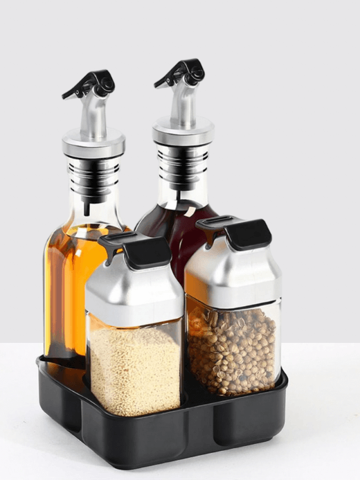 5-Piece Condiment Set Oil And Vinegar Salt Pepper Dispenser With Storage Tray Stainless Steel Condiments Kitchen Accessories Trending Salt Pigs, Cellars & Servers