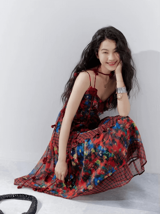 Women's woman womens tall-, plus-, size Boho bohemian ruffled strapless spaghetti straps V-Neck Floral Print summer vacation holiday getaway Gown High rise Waist A-Line Skirt Casual Comfortable Polyester patchwork semi-transparent mesh ruffles midi dress in multi red