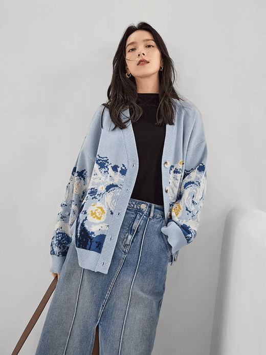 Women’s woman womens Classic French look Art Retro Lazy Style Van Gogh Knitted Sweater Autumn Fall Winter High-end Knitted long-sleeves button-up close v-neck ribbed graphic pattern Top V-Neck Chunky Cardigans in blue with multi Women’s woman womens Classic French look Art Retro Lazy Style Van Gogh Knitted Sweater Autumn Fall Winter High-end Knitted long-sleeves button-up close v-neck ribbed graphic pattern Top V-Neck Chunky Cardigans in blue with multi