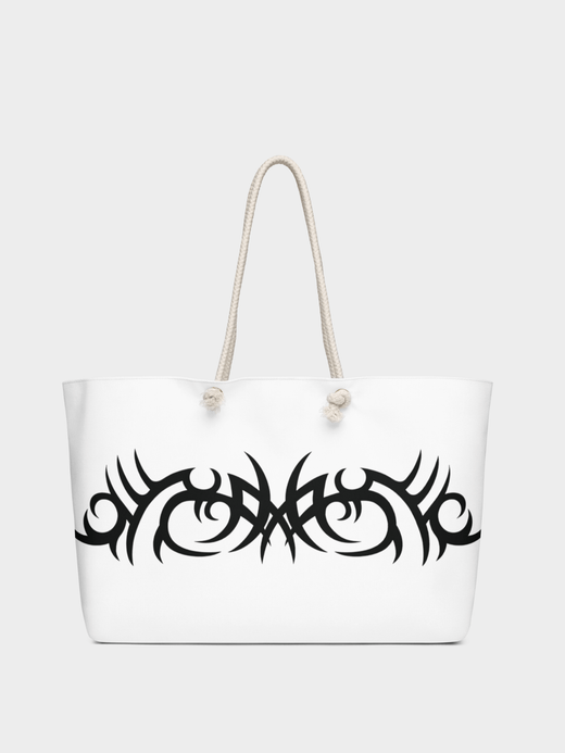 Oversized tribal tattoo branded cotton-blend twill, large everyday use, weekender bags in white with black accent Oversized tribal tattoo branded cotton-blend twill, large everyday use, weekender bags in white with black accent