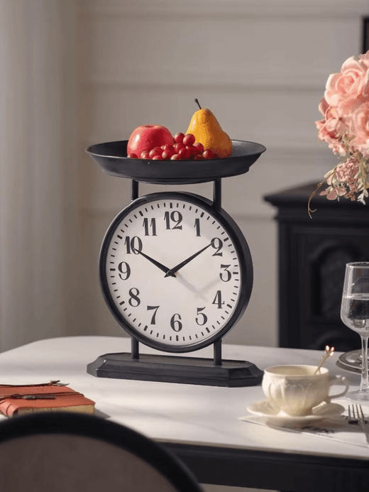 American wrought iron clock ornament, creative entrance standing bell decorative ornaments, with tray, seat clock multi-layer with fruit plate in black matte color with white accent American wrought iron clock ornament, creative entrance standing bell decorative ornaments, with tray, seat clock multi-layer with fruit plate in black matte color with white accent