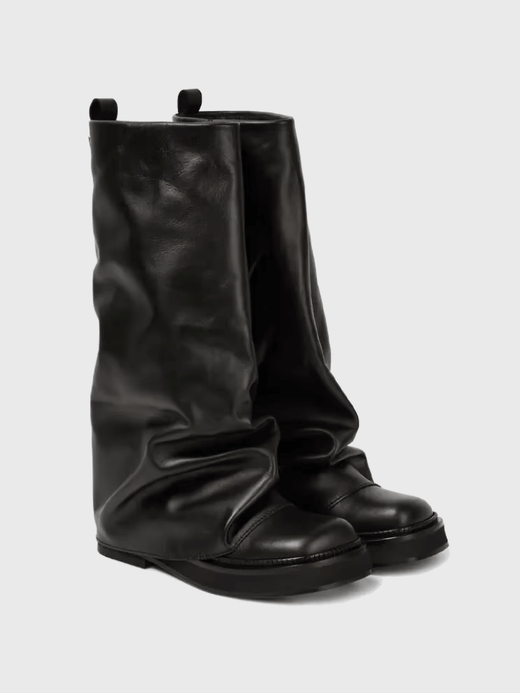 Women's woman womens Fall Autumn and Winter Genuine Leather Calf Boots with Pleated Thick High Heels and Fashionable Oversized Street Leather Mid Leg Boots in Black Women's woman womens Fall Autumn and Winter Genuine Leather Calf Boots with Pleated Thick High Heels and Fashionable Oversized Street Leather Mid Leg Boots in Black