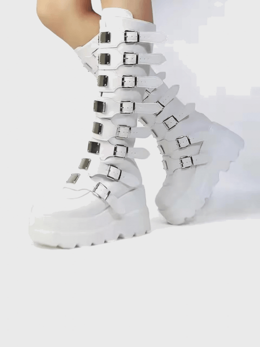 Women's woman womens Long Gothic Punk Platform Knee High buckle strap-up Sexy Motorcycles Halloween Cosplay Shoes Boots in white Women's woman womens Long Gothic Punk Platform Knee High buckle strap-up Sexy Motorcycles Halloween Cosplay Shoes Boots in white