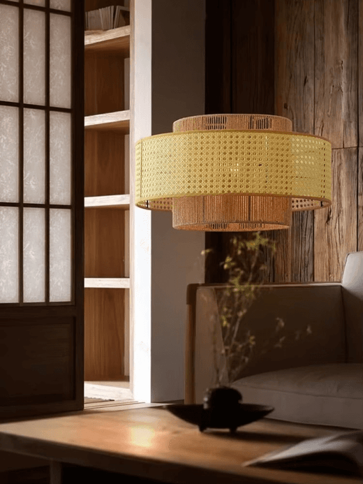 Handmade Japanese Vintage LED Pendant Lights Hand-Woven Rattan Hanging Chandelier Lighting Living Dining Room Restaurant Kitchen Pendant Lighting Furniture in light brown beige